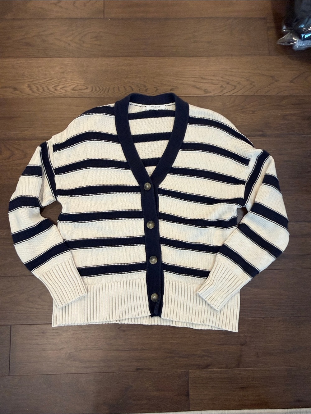 Madewell Oversized Cotton Cardigan in Cream Navy Stripes Size Small - C1-A